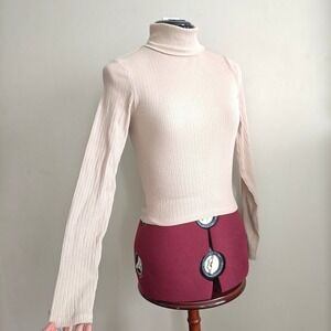 Ambiance Womens Turtleneck Long Sleeve Crop Top Beige Ribbed Fold Over Small
